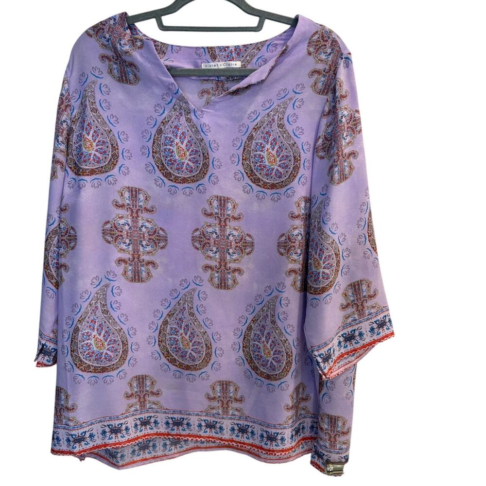 Violet & Claire Purple Paisley Blouse Split Neck 3/4 Sleeve Tunic Plus Size 2X